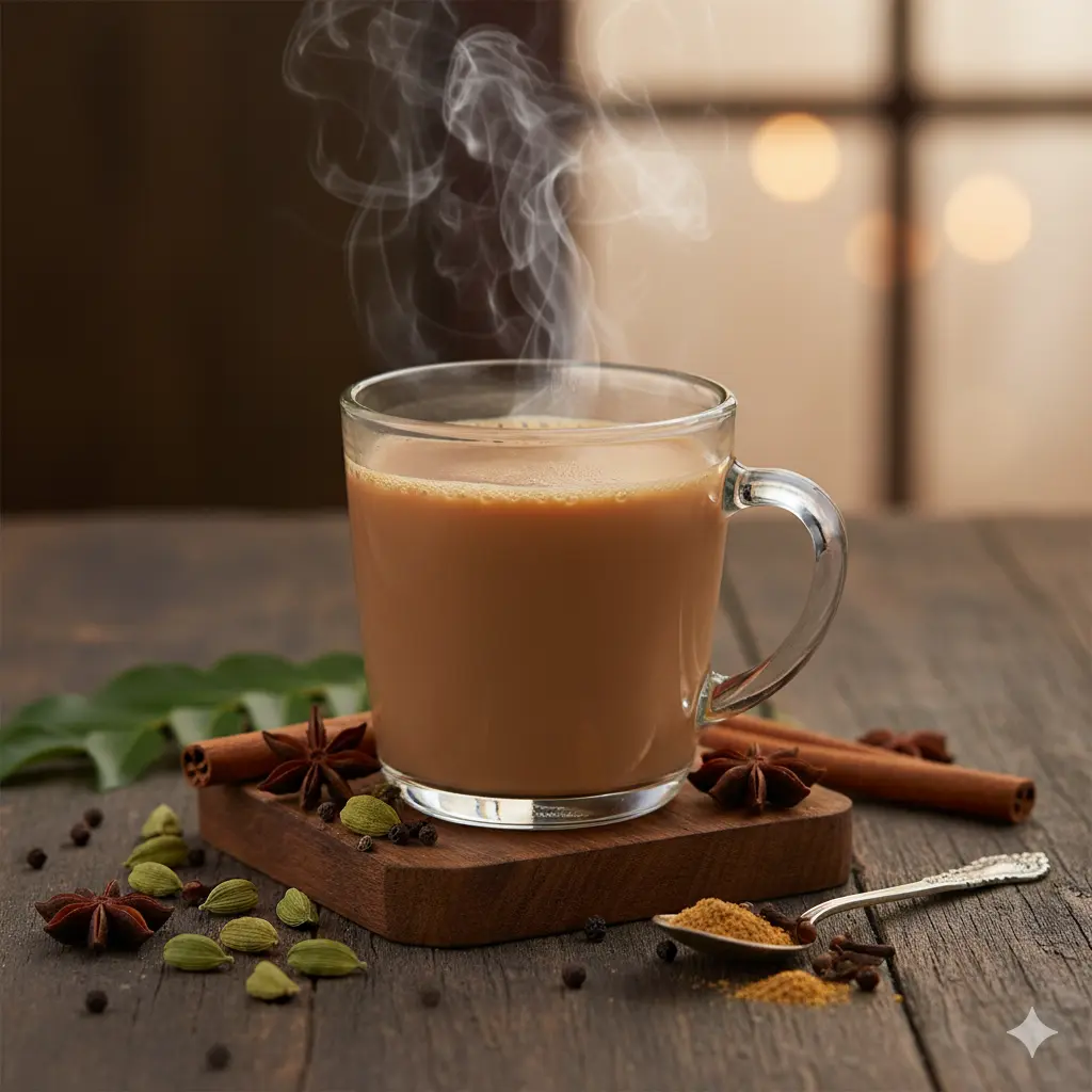  A steaming cup of masala chai with spices on the side