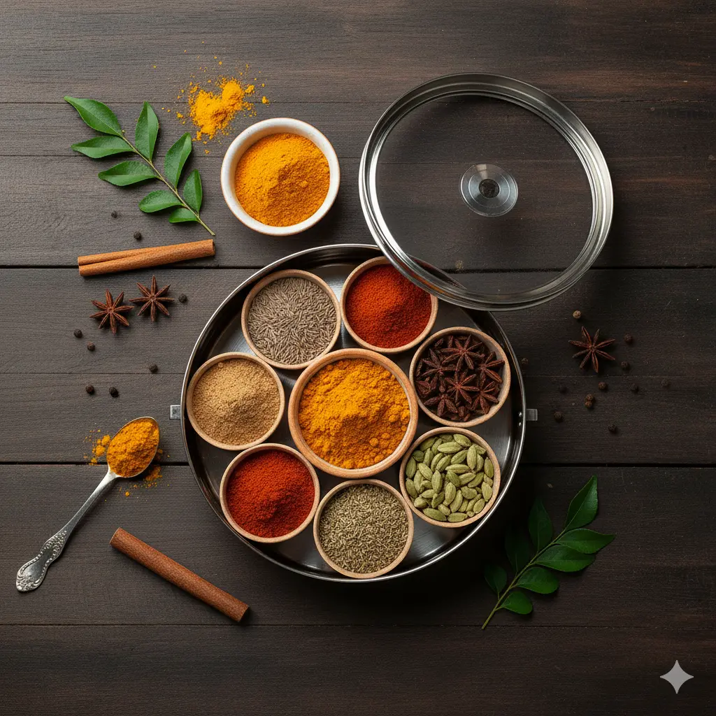 A spice box (masala dabba) with 7–8 compartments filled