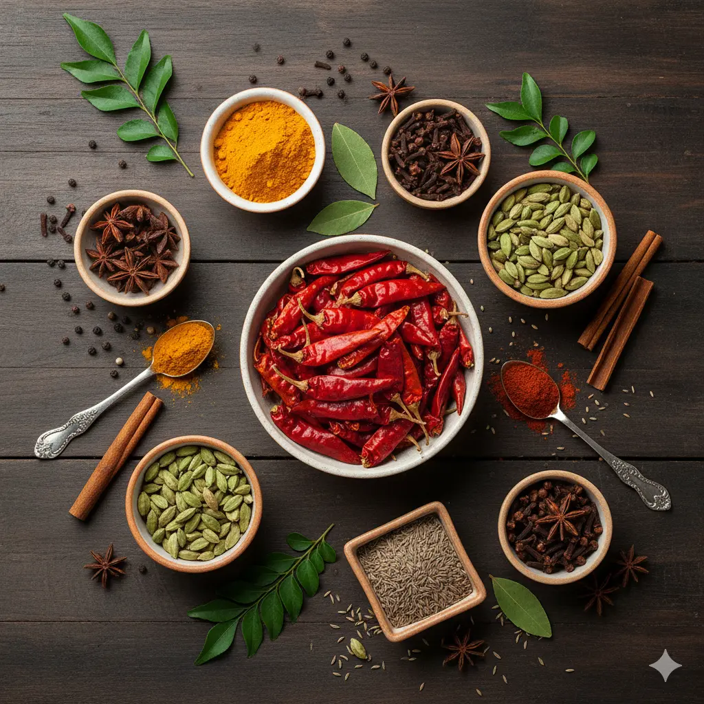 A flatlay of different Indian spices in small bowls on a wooden table