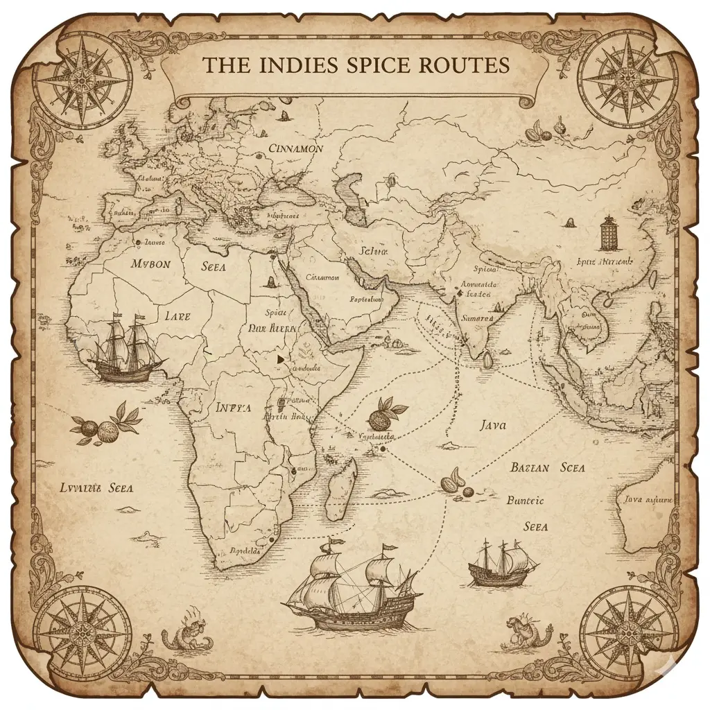Old illustration/map showing spice routes from India